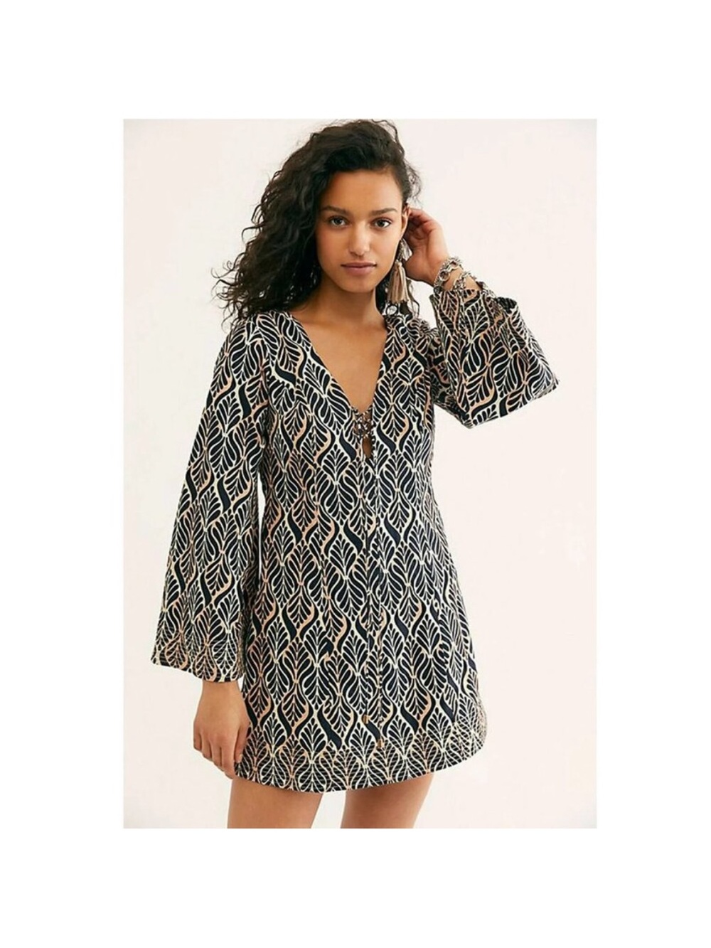Free People Black and Cream Printed V-Neck Bell Sleeve Mini Dress